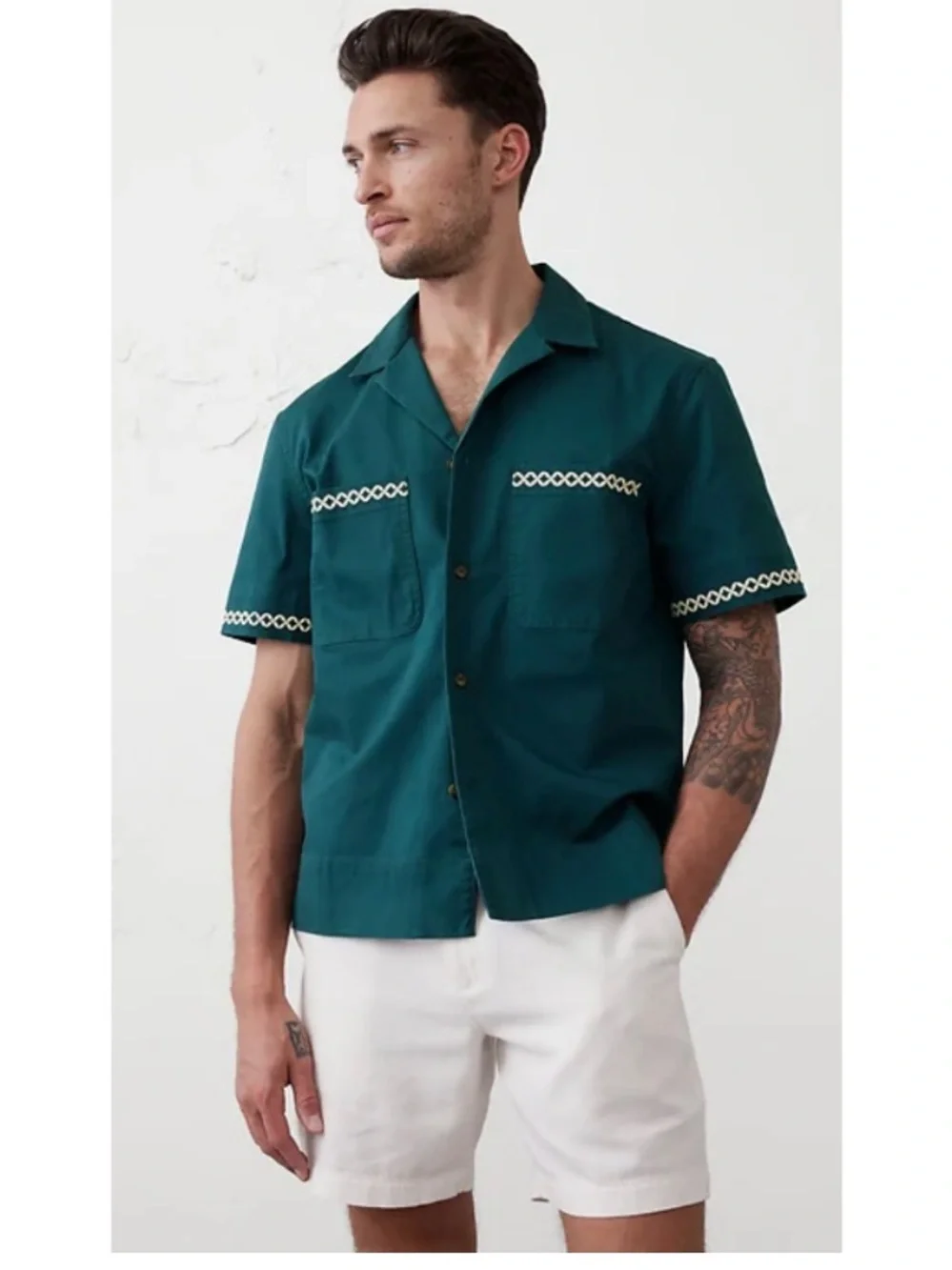 Men's Banana Republic Tall Resort Embroidered Relaxed Fit Shirt Green Large